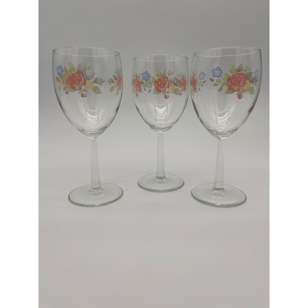 Pfaltzgraff Tea Rose Wine Glasses Set of 3 Floral Stemware Clear Glass 7 inch